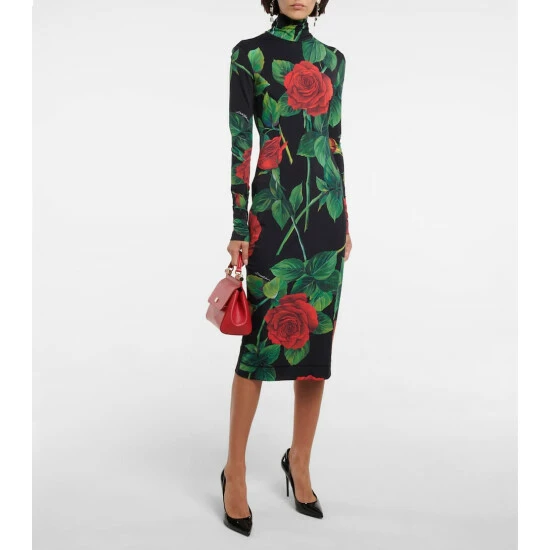 Dolce&Gabbana Floral Turtleneck Jersey Midi Dress