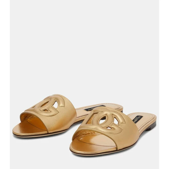 Dolce&Gabbana Logo Cutout Metallic Leather Slides - Image 4