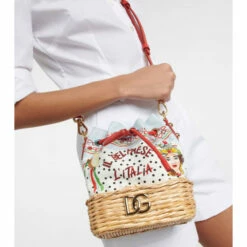 Dolce&Gabbana Printed Canvas And Wicker Bucket Bag