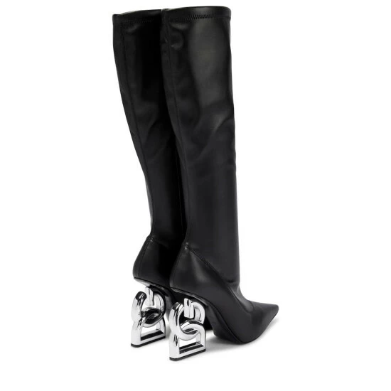 Dolce&Gabbana Logo Leather Over-the-knee Socks Boots - Image 2